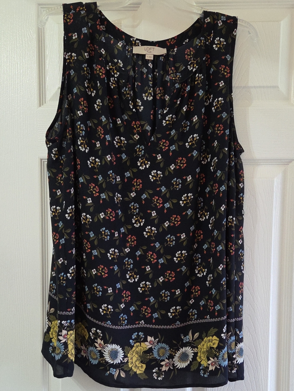 LOFT Navy Floral Sleeveless Top with Border Print, Size 16/XL